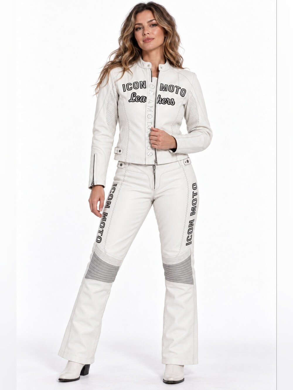 ICON Bombshell White Leather Motorcycle Jacket Medium & Riding Pants 7 Set moto